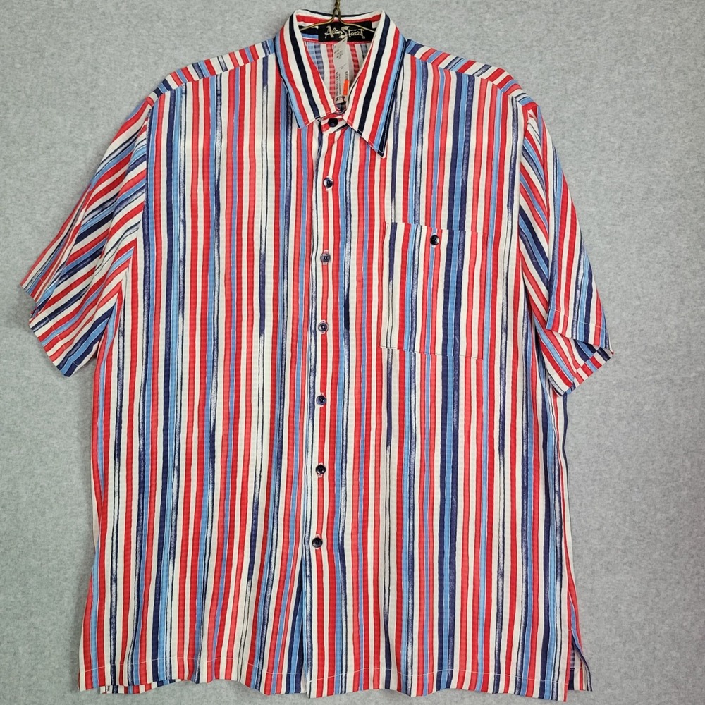 Alan Stuart Mens XL Red White Blue Striped Viscose Short Sleeve Shirt USA Made